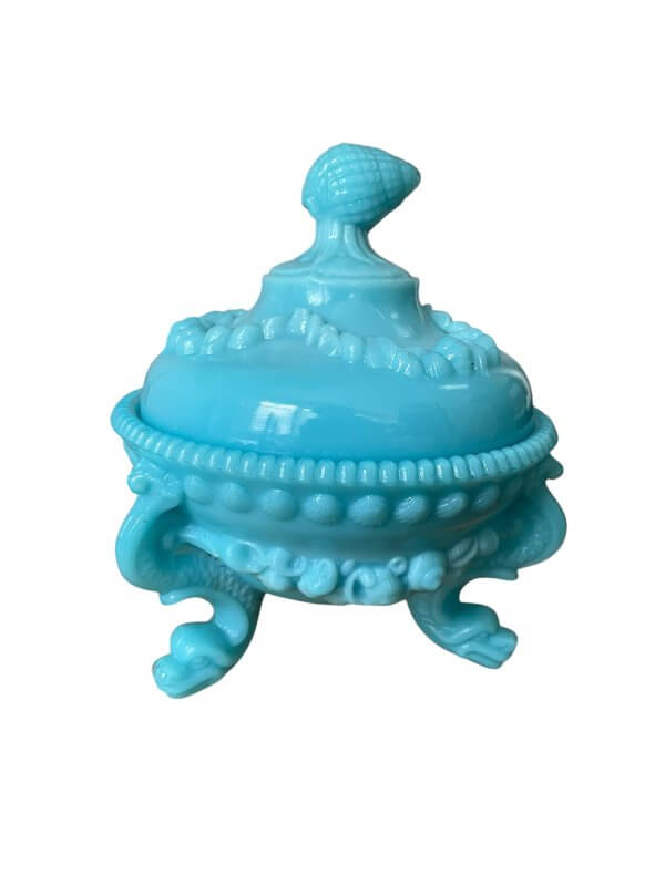 bonbonnière / sucrier en opaline bleue – motifs coquillages & dragons des mers – portieux vallerysthal